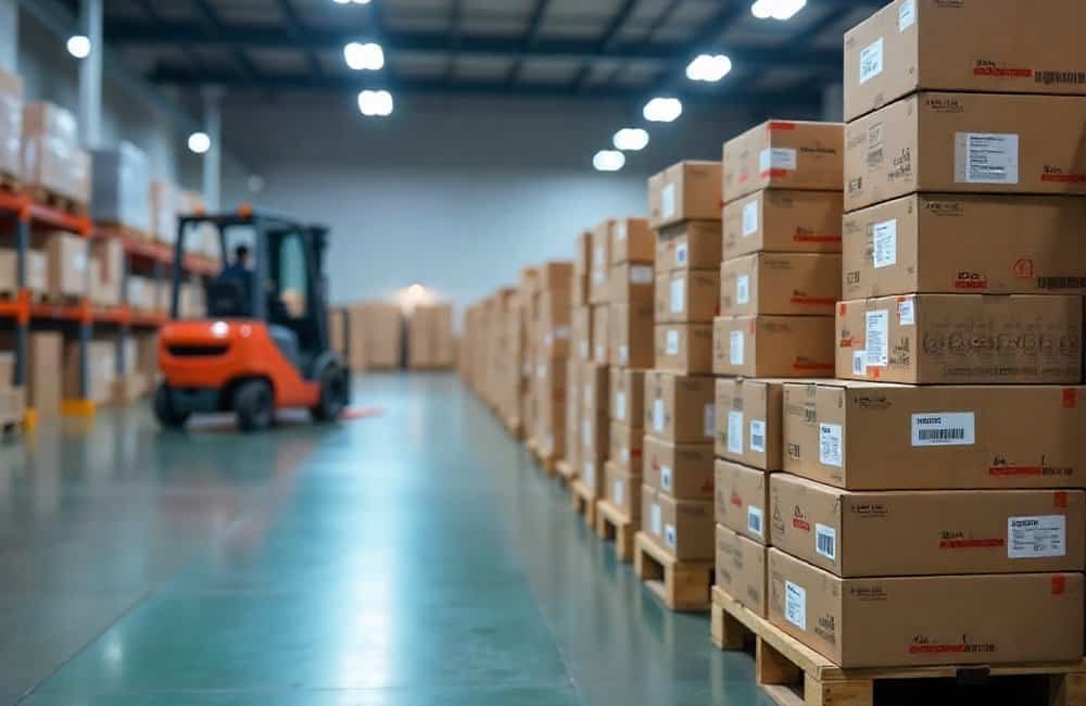 Warehouse with stacked steel pallets and forklift for reliable steel supply.