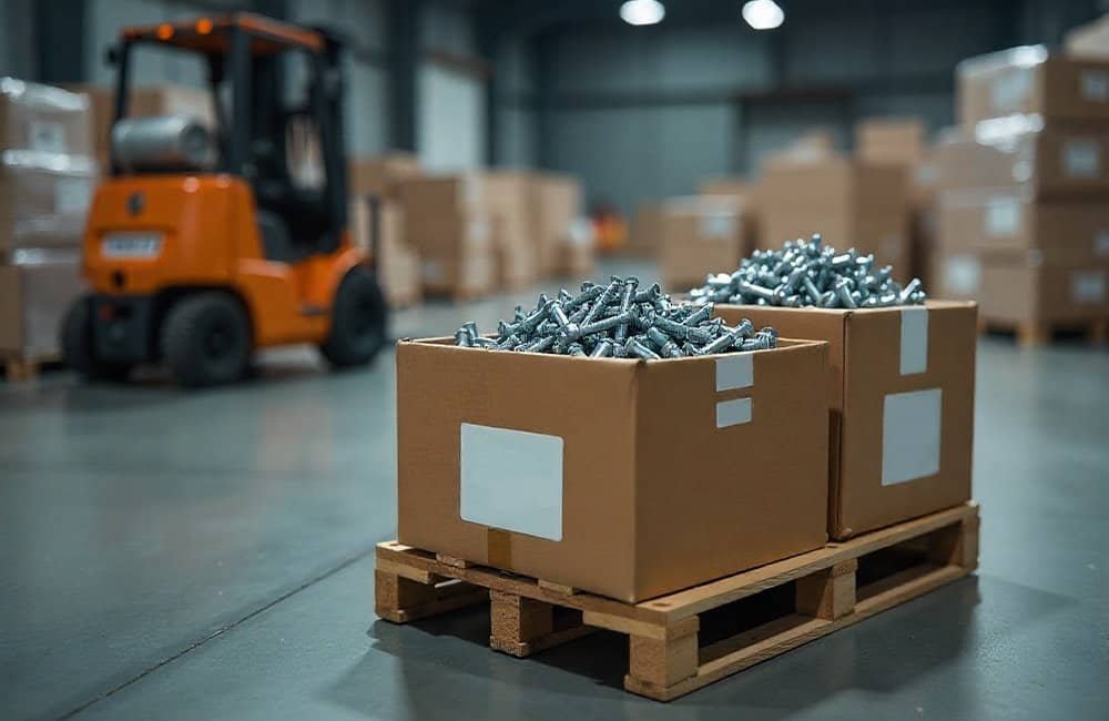 Steel fasteners in a warehouse for export from India.