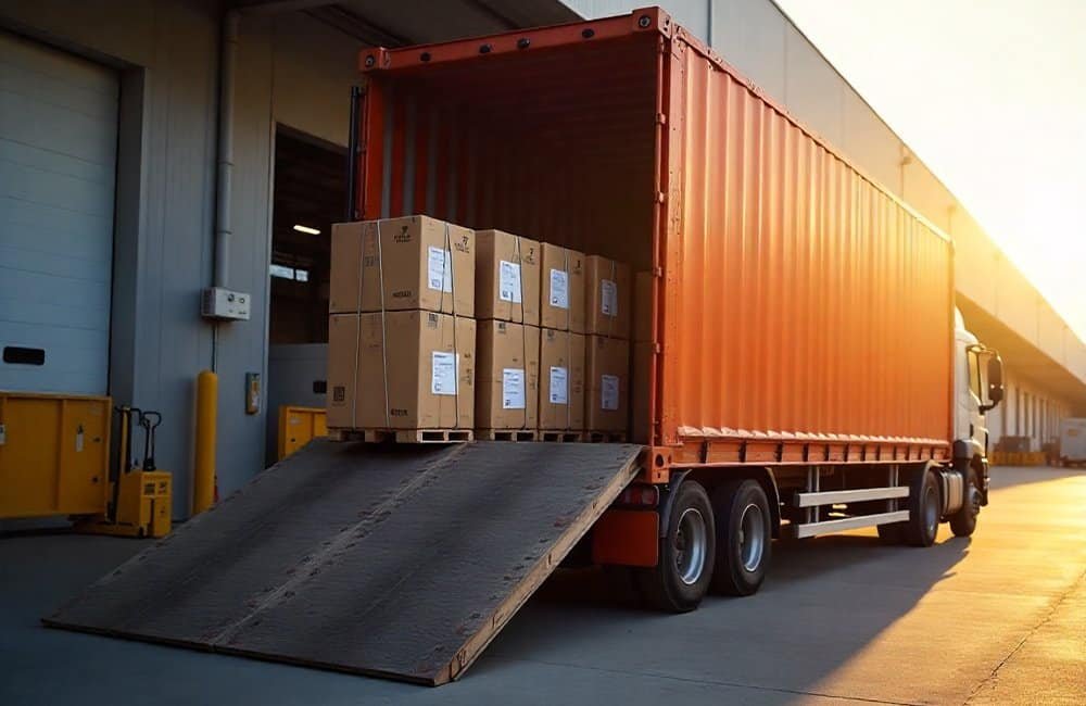 Road transport of industrial goods with secure loading and unloading solutions.