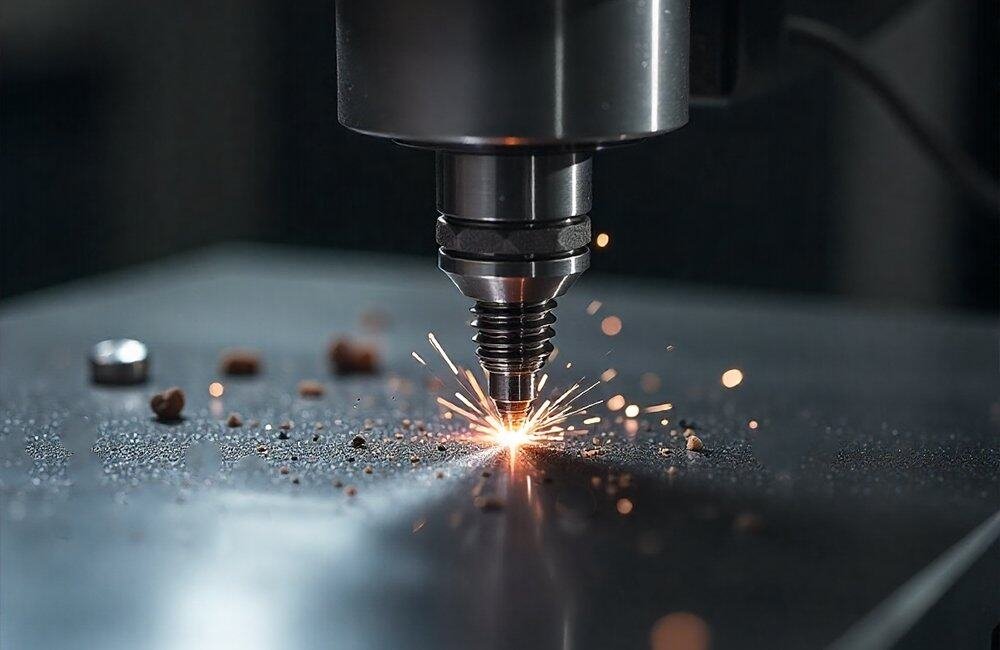 CNC laser cutting process in manufacturing with sparks and metal sheet.