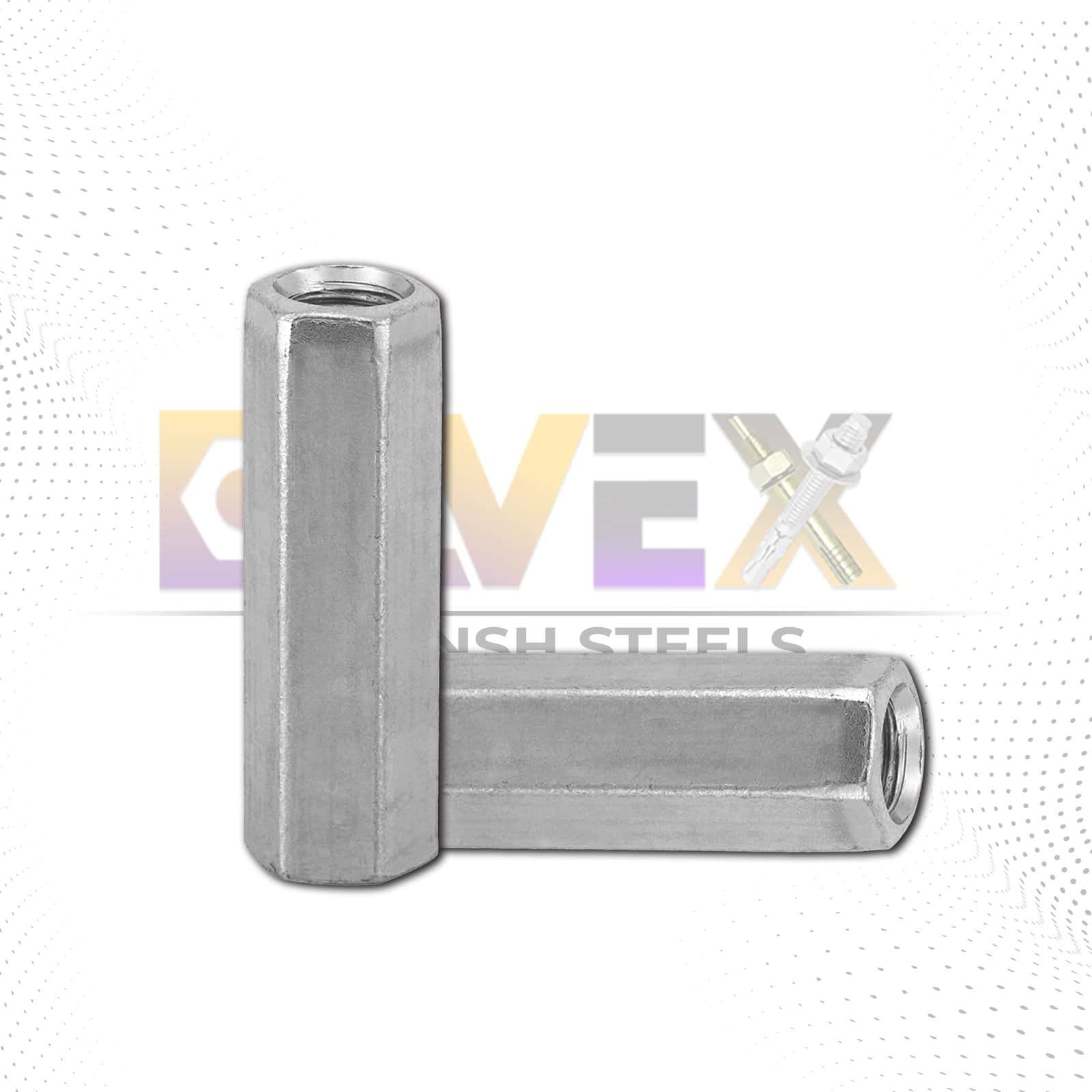 Hex long nut used in machinery and construction applications.