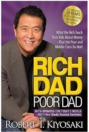 Rich Dad Poor Dad book cover featuring Robert T. Kiyosaki with bold yellow and white text, celebrating 20 years of financial education insights.