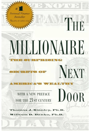 book cover of The Millionaire Next Door by Thomas J Stanley and William D Danko featuring green currency-themed background with serif title typography
