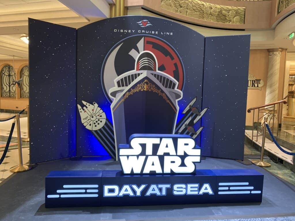 Star Wars Day at Sea aboard the Disney Fantasy, with iconic starships and immersive themed signage on Disney Cruise Line.