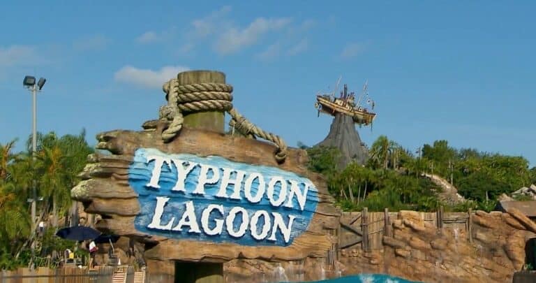 Typhoon Lagoon entrance sign in front of Disney’s iconic water park, featuring the Miss Tilly shipwreck atop Mount Mayday.