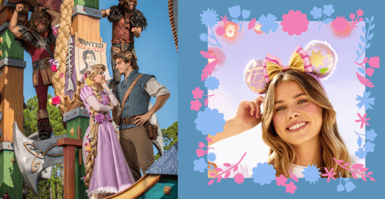 Left side: Several performers in medieval attire, including Rapunzel and Flynn Rider, stand on a colorful stage with a "Wanted" poster in the background. Right side: A smiling woman wears pastel Mickey Mouse ear headbands adorned with Tangled-themed details, surrounded by a floral border on a blue background.