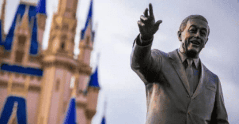 A bronze statue of a person in a suit, smiling and waving, stands in front of a castle with blue rooftops and spires. The background is slightly out of focus, emphasizing the statue—a subtle homage to the magic embodied in Walt Disney quotes.