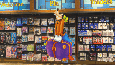 Goofy sitting on a large, colorful pin in front of a wall filled with various collectible pins. The wall has sections labeled "Welcome," "Pin," and "Traders," showcasing a diverse collection.