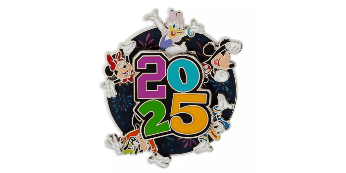 A colorful 2025 badge with cartoon characters celebrating around it. The digits are in purple, green, yellow, and orange. Firework graphics are in the background. Characters include a mouse with red bow, a mouse with gloves, a duck, and a dog.