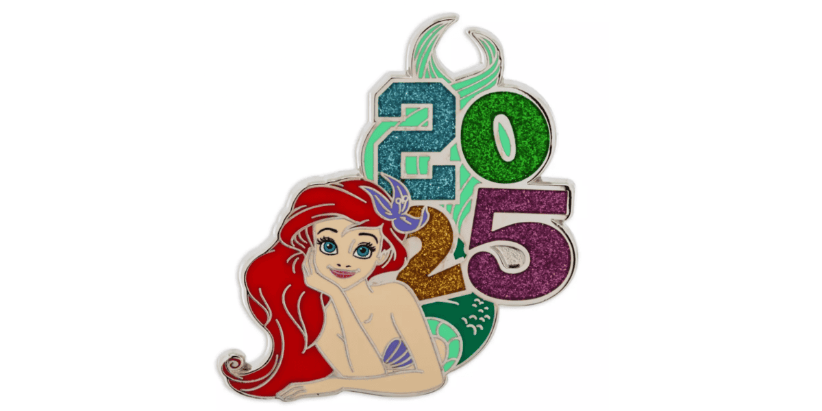Illustration of a mermaid with red hair and a purple seashell top, leaning forward with her head resting on her hand. Behind her, glittery numbers "2025" in green, blue, and purple form an arch. The background is plain white.