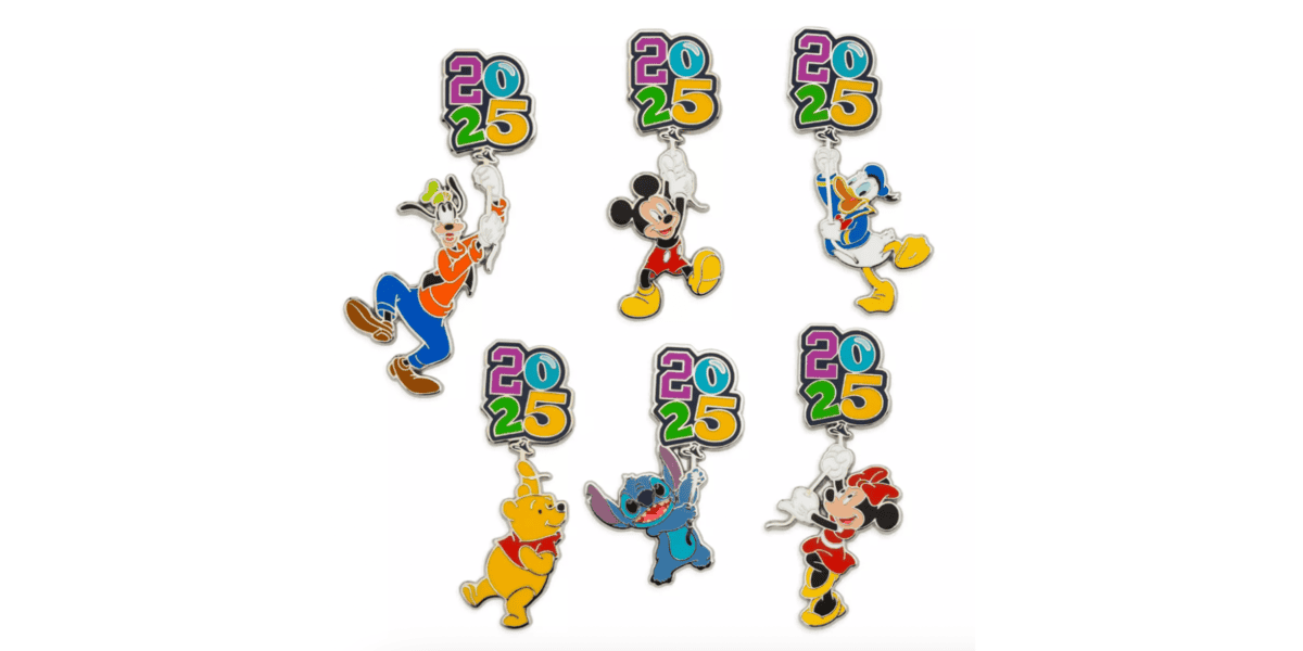 Six colorful Disney character keychains featuring Goofy, Mickey Mouse, Donald Duck, Winnie the Pooh, Stitch, and Minnie Mouse, each holding a "2025" charm.
