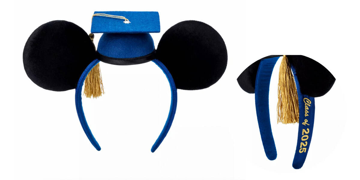 Graduation-themed headband with black mouse ears and a blue graduation cap featuring a gold tassel. The side view shows "Class of 2025" embroidered in gold on the blue band.