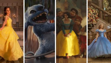 A collage of four scenes inspired by Disney movie remakes: a woman in a yellow gown twirls in a grand hall, a small blue creature snarls, a woman in a yellow skirt sits among seven people, and another stands by floral stairs in blue.