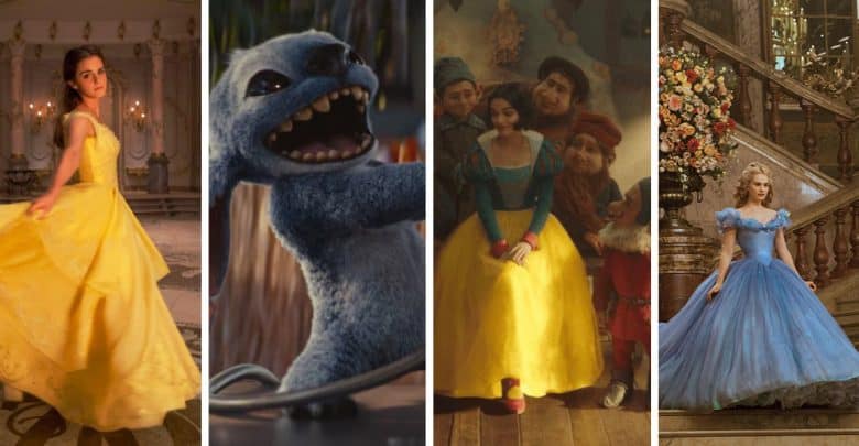 A collage of four scenes inspired by Disney movie remakes: a woman in a yellow gown twirls in a grand hall, a small blue creature snarls, a woman in a yellow skirt sits among seven people, and another stands by floral stairs in blue.
