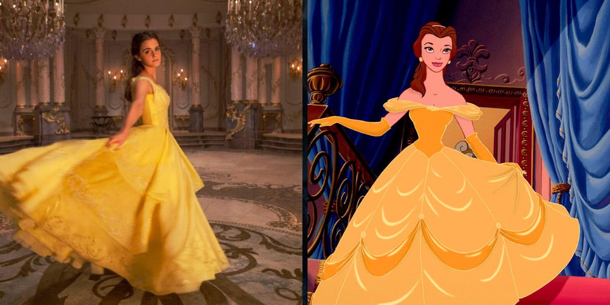 Split image: On the left, a woman in a yellow gown twirls in a grand ballroom; on the right, an animated woman in a yellow gown stands on stairs with a blue and red curtain behind her—both echo classic Disney movie remakes of "Beauty and the Beast.