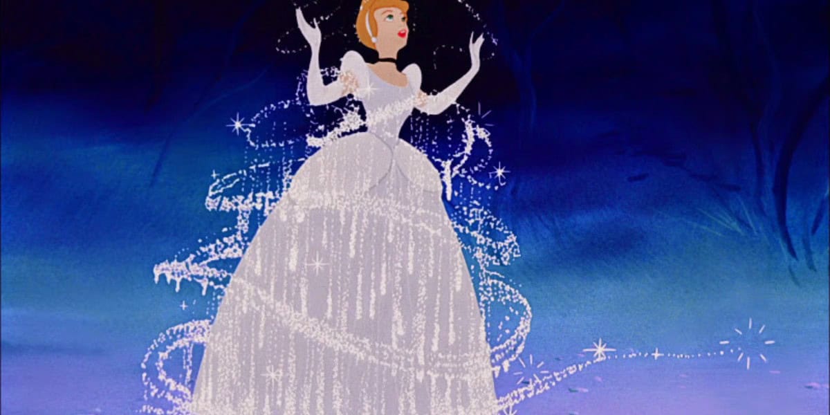 Cinderella stands amazed as her dress magically transforms into a sparkling white gown, surrounded by swirling glittering lights, reminiscent of the enchanting scenes found in Disney movie remakes, set against a dark blue background.