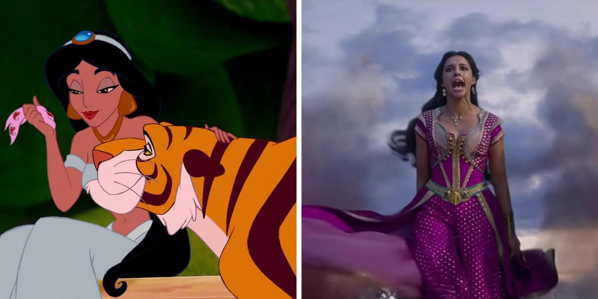 Split image: On the left, animated Princess Jasmine sits with her tiger, Rajah. On the right, a live-action woman dressed as Jasmine stands on a rooftop in vibrant pink, evoking the magic of Disney movie remakes against a sky of swirling clouds.