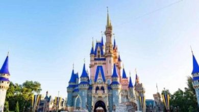 A large, ornate fairytale castle with blue and gold spires stands under a clear blue sky, surrounded by trees and flags.