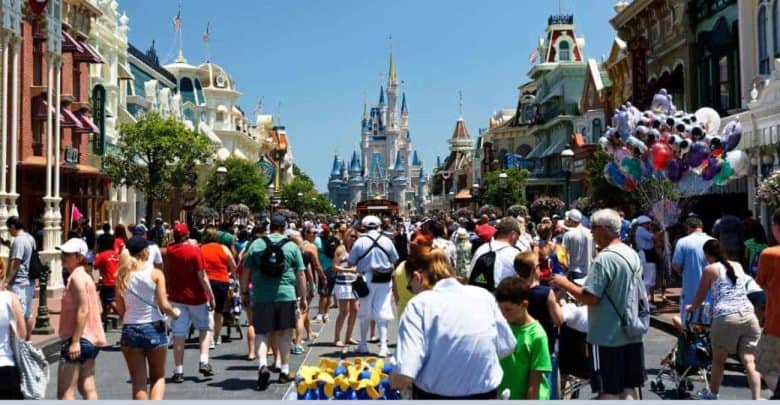 Crowds in front of Cinderella Castle at Magic Kingdom at Disney World.