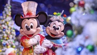 Mickey Mouse and Minnie Mouse dressed in festive holiday outfits at Disneyland Paris