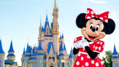 Minnie Mouse posing in front of Cinderella Castle