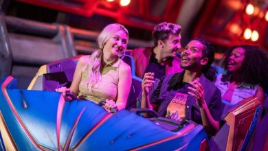 Four people smiling and laughing as they ride a colorful amusement park roller coaster, with bright lights and metallic structures in the background.