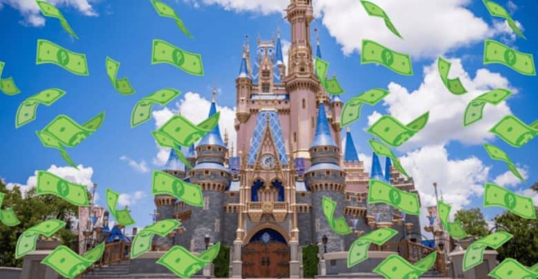 Illustration of numerous dollar bills floating in the air in front of the iconic Disney castle under a clear blue sky with fluffy white clouds.