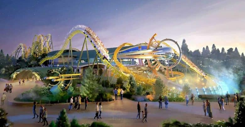 Artist’s illustration of a vibrant amusement park at dusk, featuring a twisting yellow and green roller coaster with people riding, surrounded by trees, glowing lights, and visitors walking below.