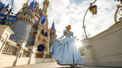 A woman in a blue ball gown walks toward a fairytale castle with blue spires under a partly cloudy sky, sunlight shining behind her. Ornate street lamps and castle details frame the scene.