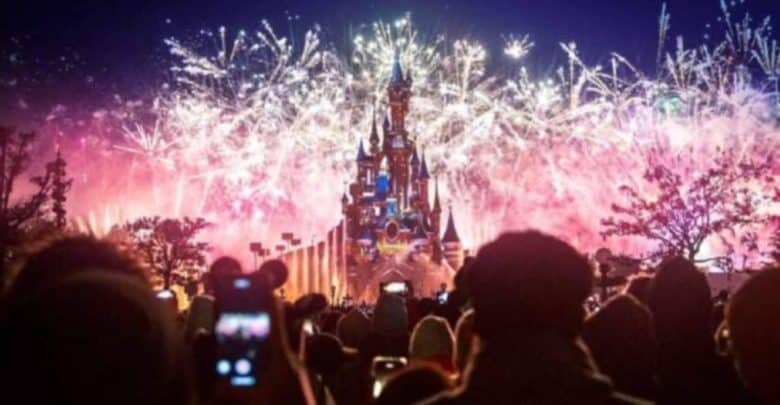 Guests enjoying dazzling fireworks above Cinderella Castle at Walt Disney World, lighting up the night with magic.