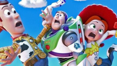 Woody, Buzz Lightyear, and Jessie, animated characters from Toy Story, look surprised and scared as they fall through the bright blue sky with clouds in the background.