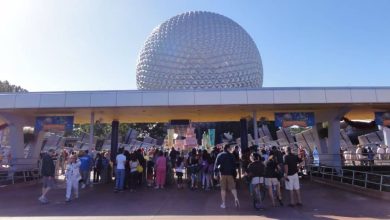 Guests walking through the main entrance of EPCOT.