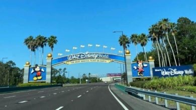 Disney World entrance gate features vibrant Mickey and Minnie Mouse signs, greeting guests arriving for a magical day.