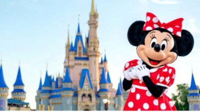 Minnie Mouse posing in front of Cinderella Castle