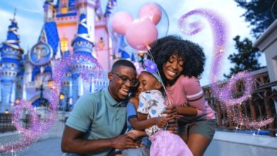 A family beams and embraces in front of Cinderella Castle at Disney World, holding pink Mickey Mouse balloons.