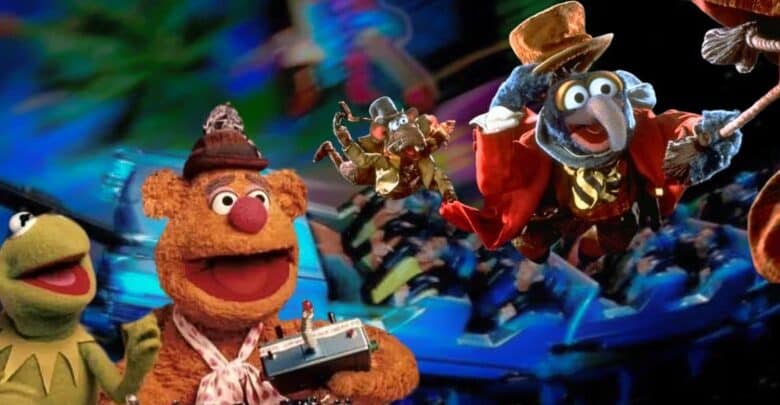 Kermit, Fozzie, Gonzo, and Rizzo the Rat excitedly join the Disney World virtual coaster queue on a bright Muppets adventure.