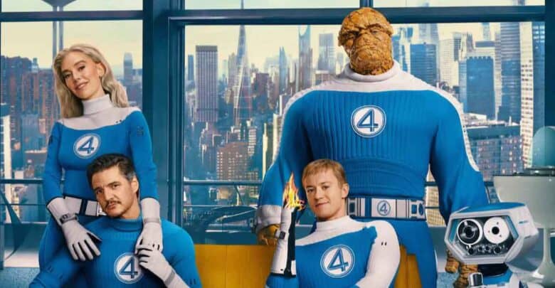 Fantastic Four in blue suits strike heroic poses before city windows, featuring Thing and Human Torch, teasing Marvel updates.