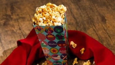 A festive Disney World popcorn box sits on red cloth, caramel popcorn spilling onto wood like a classic park snack experience.