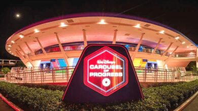 Nighttime view of the iconic carousel of progress attraction at Disney, recently evacuated, featuring its futuristic architecture and illuminated signage.