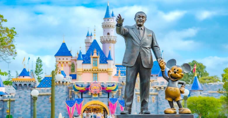 Walt Disney and Mickey Mouse statue welcomes guests in front of the vibrant castle at Disney Resort beneath a bright blue sky.