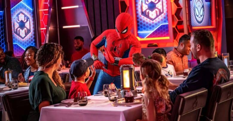 Spider-Man welcomes guests inside Worlds of Marvel restaurant aboard the Disney Wish and Treasure