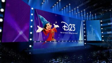 Sorcerer Mickey appears on a giant screen at D23 The Ultimate Disney Fan Event, captivating Disney fans in the audience as they enjoy thrilling D23 announcements and fresh entertainment news straight from the D23 Entertainment Showcase.