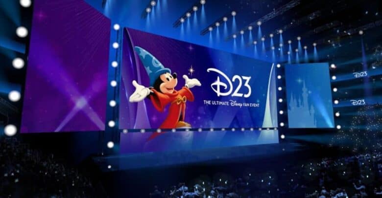 Sorcerer Mickey appears on a giant screen at D23 The Ultimate Disney Fan Event, captivating Disney fans in the audience as they enjoy thrilling D23 announcements and fresh entertainment news straight from the D23 Entertainment Showcase.
