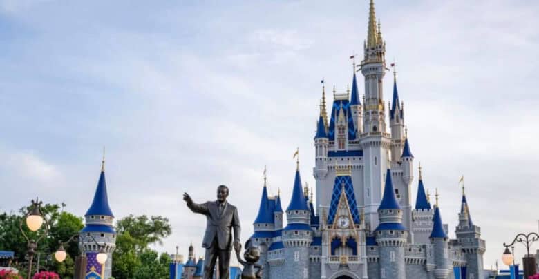 Cinderella Castle majestically rises at Disney World’s Magic Kingdom, with the iconic Partners statue of Walt Disney and Mickey Mouse in the foreground, inviting guests into a world of magic and wonder—please note that some entry restrictions may apply.