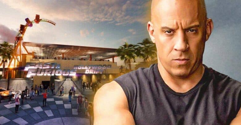 A guest in a sleeveless shirt stands at the entrance of Universal’s Fast & Furious: Hollywood Drift, with Express Pass Restriction signs nearby alerting visitors that access may be limited during busy periods.