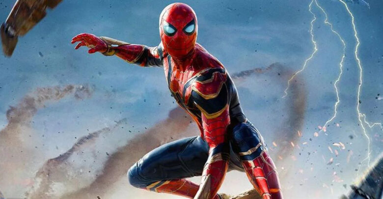 Spider-Man strikes an electrifying pose atop crumbled city ruins as lightning and debris fill the backdrop, showcasing his legendary agility and thrilling energy just like you’d experience at a live-action theme park attraction.