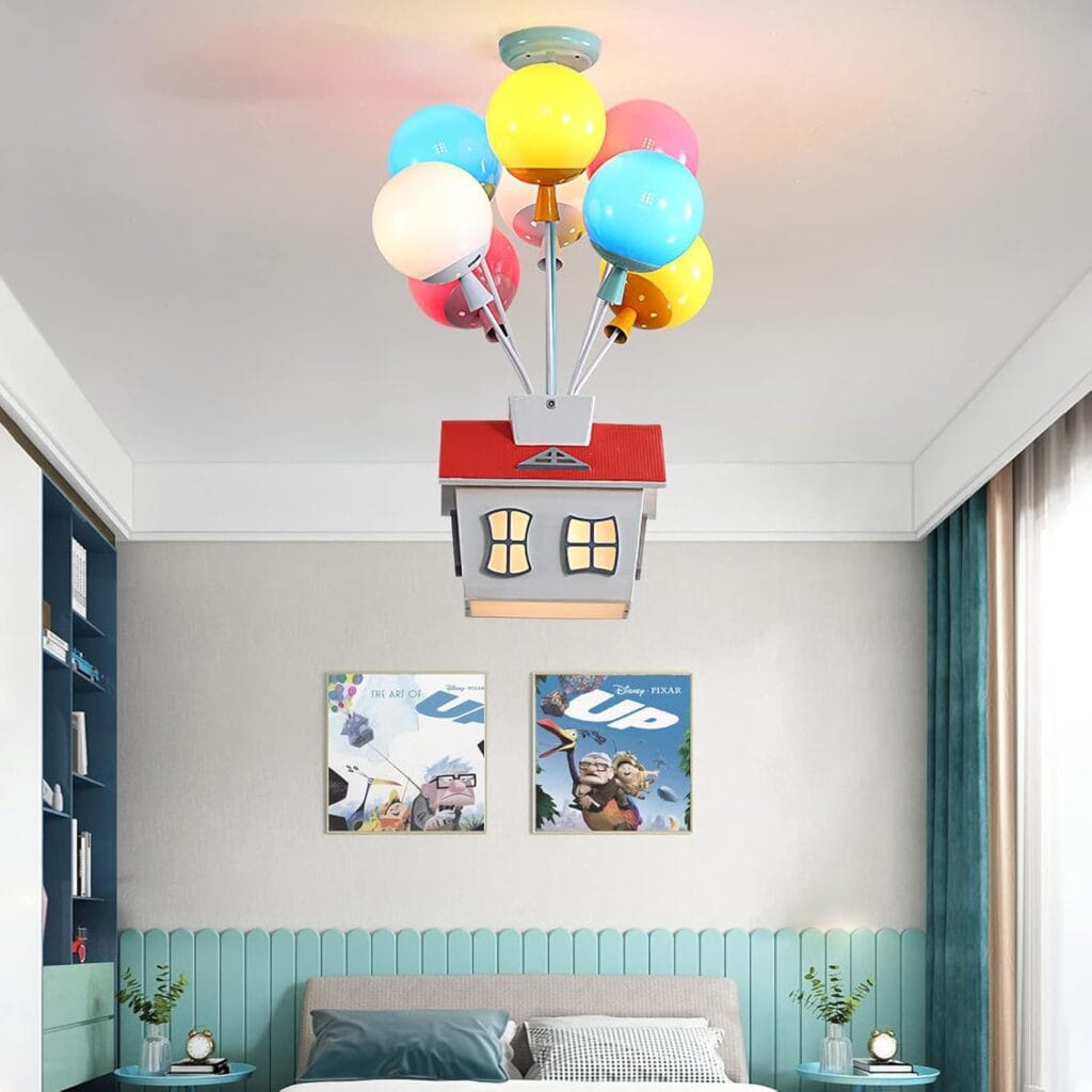 Up House Chandelier inspired by Disney Pixar's Up, featuring colorful balloons and a whimsical house.