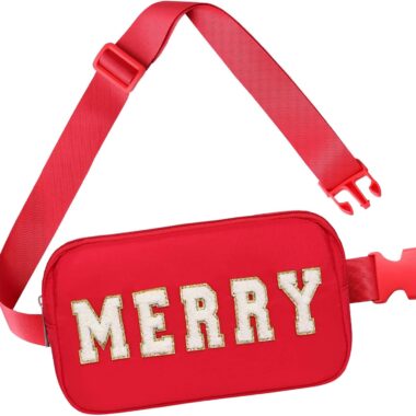 Red Disney MERRY crossbody bag with glitter letter details, perfect for holiday fashion.