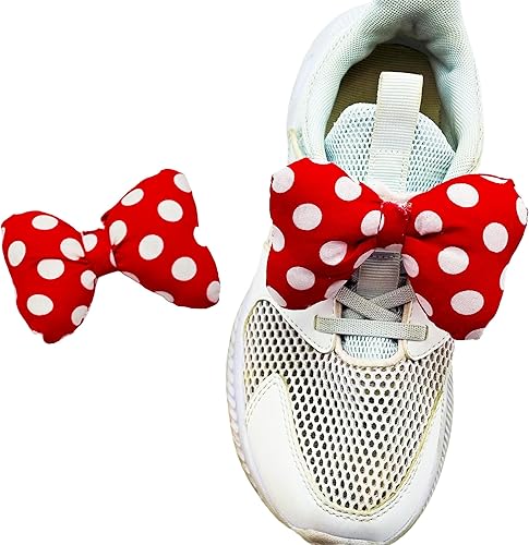 Red polka dot bow headband and white sneakers with matching red bow, perfect Disney-inspired fashion accessories.