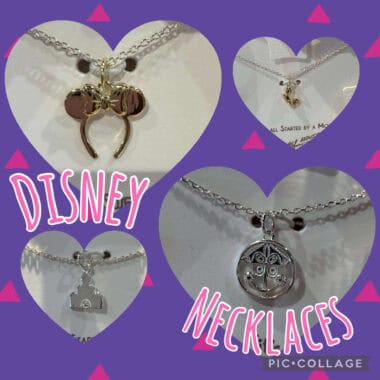 Cute Disney-themed necklaces featuring Minnie Mouse bow, musical note, girl silhouette, and tree of life pendants. Perfect for Disney fans.
